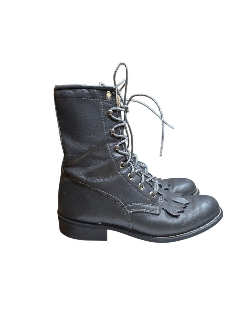 Texas Leather Kiltie Gray Lace Up Boots 5M Western Combat Style
